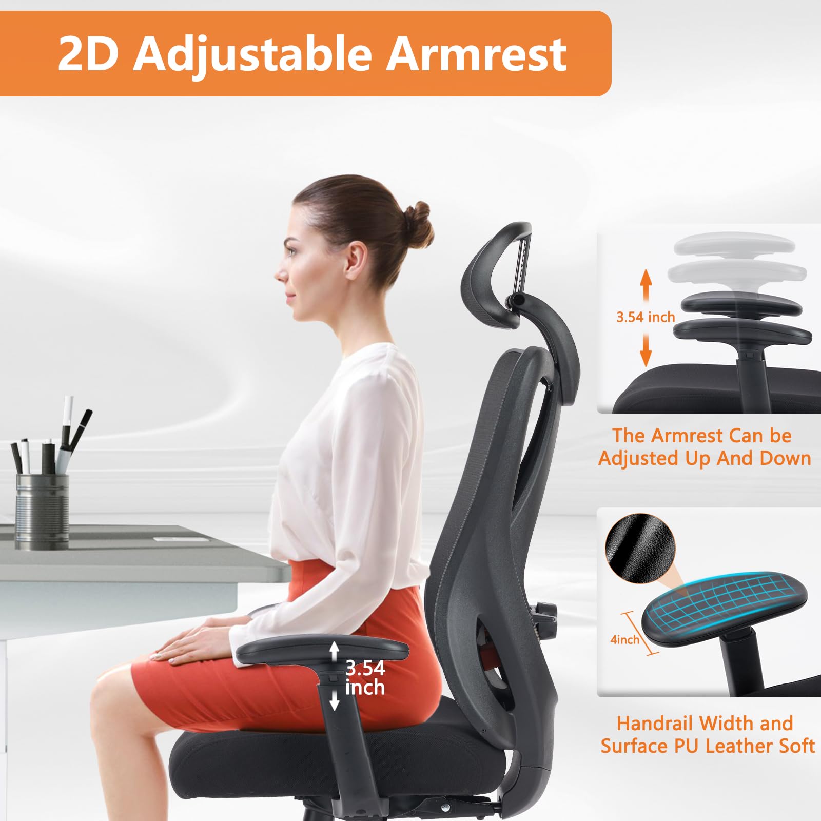 Office Chair, Desk Chair Computer Chair Ergonomic Office Chair with 2D Armrest Adjustable Lumbar Support & Headrest, High Back Home Office Desk Chair 135°Tilt Function Big and Tall Office Chair