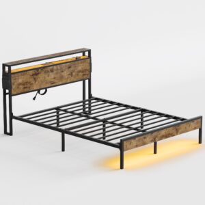 Bestier Queen Size Bed Frame with Headboard and Storage, Dual LED Platform Bed Frame with Charging Station, Non-Slip Metal Bed Frame, Noise-Free, Easy Assembly