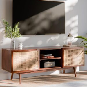 Bme TV Stand with Elegant Curved Shape & Inlaid Rattan, Nancy Solid Wood Tv Stand, Craft to Last Entertainment Center with Smiley Handle & Adjustable Shelf, Mid Century Modern TV Media Console