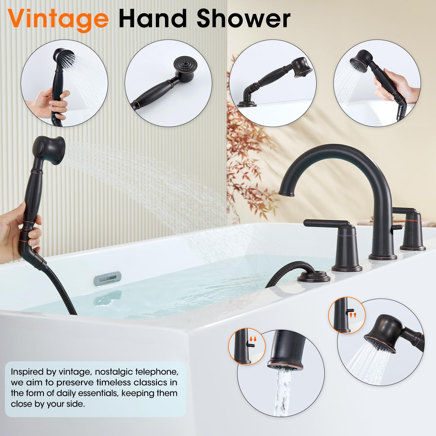 Wintap Roman Bathtub Faucet with Hand Shower and Brass Valve 4 Hole Widespread Bath Tub Faucet Set High Flow Tub Faucets Classic High Arch Tub Filler Oil Rubbed Bronze 9808ORB