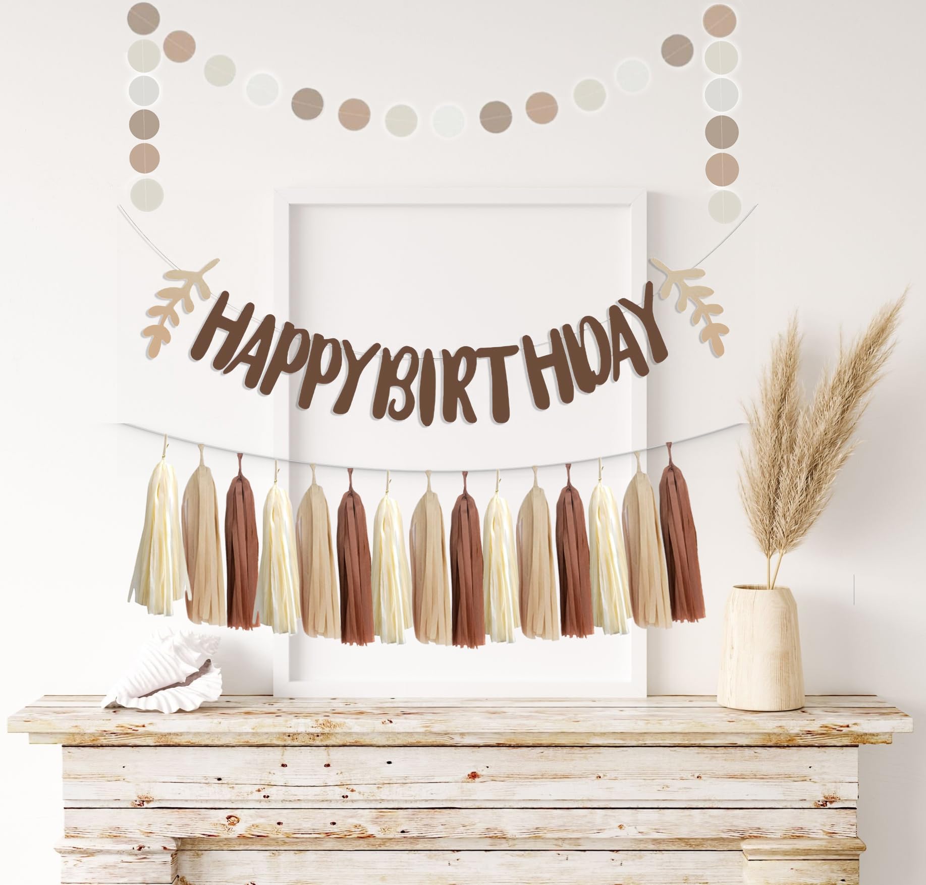 Brown Tan Boho Happy Bithday Sign Banner Gender Neutral Beige Party Tassel Garland Nude Circle Dot Hanging Paper Streamers Backdrop Teddy Bear 1st 2nd Birthday Party Nursery Décor