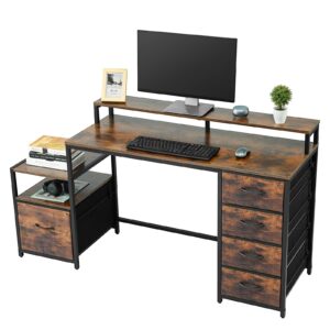 topsky compact computer desk with storage shelf/cloth file drawer for letter size/monitor stand study table for home office (rustic brown, 61.6 inch)