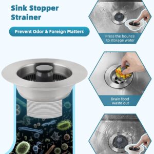 3 in 1 Universal Kitchen Sink Stopper Strainer, 304 Stainless Steel Pop Up Sink Drain Strainer with Handle Rod for US Standard 3-1/2 inch Drain Filter, Anti-Clog