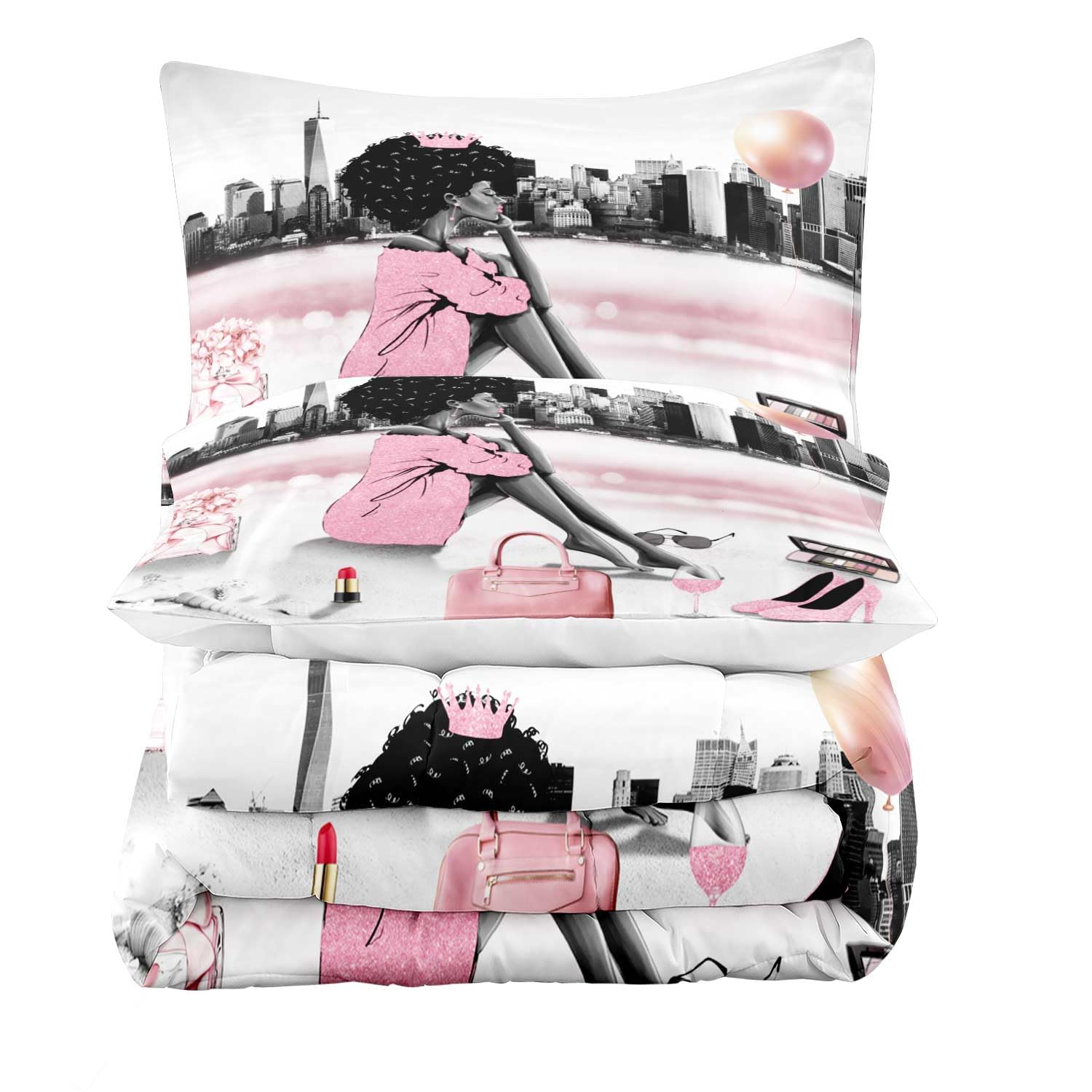 LUVIVIHOME 3PCS African American Black Girl Comforter Set King Size, Pink Bag High Heels Perfume Lipstick Makeup Girly Fashion Black Women Melanin Queen Black Girl Magic Bedding, 2 Pillow Cases