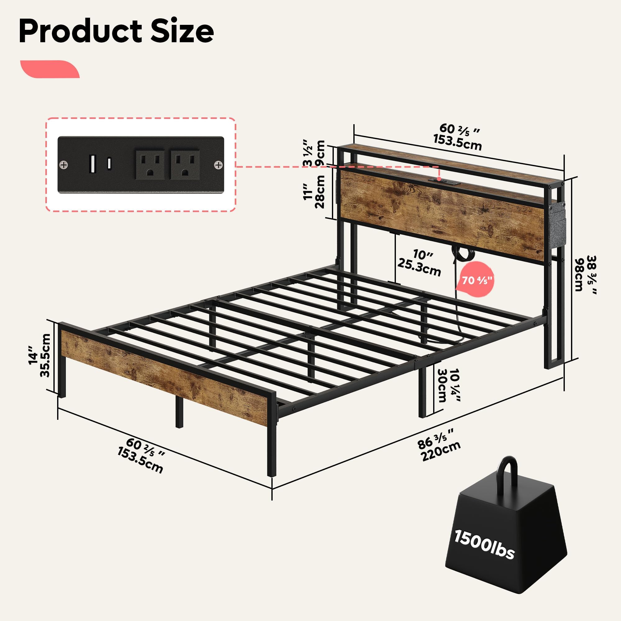 Bestier Queen Size Bed Frame with Headboard and Storage, Dual LED Platform Bed Frame with Charging Station, Non-Slip Metal Bed Frame, Noise-Free, Easy Assembly