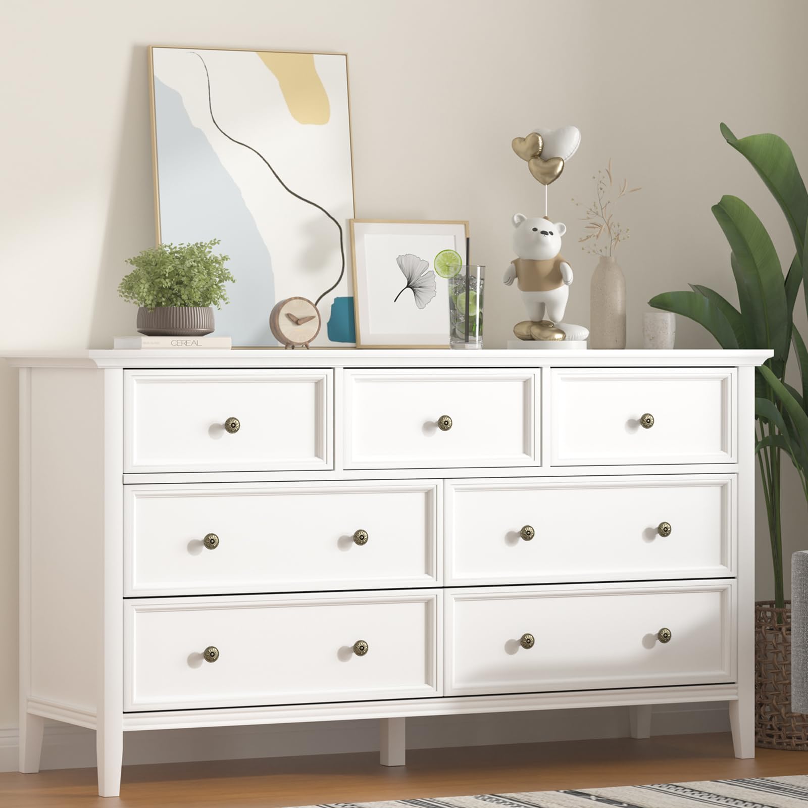 IKENO White 7 Drawer Dresser for Bedroom, Modern Solid Wood Large Storage Cabinet, Simple White Chest of Drawer for Bedroom Living Room Hallway Entryway (White)