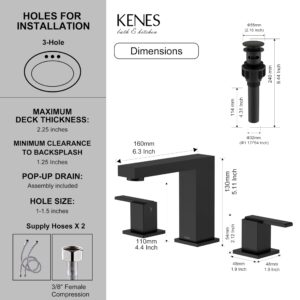 KENES Black Widespread Bathroom Faucet 3 Hole Bathroom Sink Faucet Matte Black Two Handle, 8-Inch 3 Pieces Bathroom Vanity Faucet with Pop Up Drain & Supply Lines, KE-9050-2-P