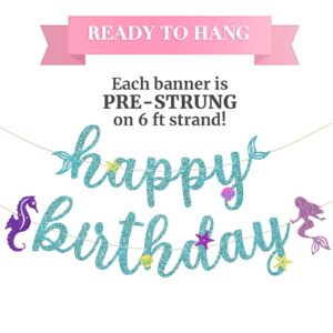 Pre-Strung Glitter Mermaid Birthday Banner, NO DIY, Little Mermaid Birthday Decorations, Mermaid Banner, Little Mermaid Party Decoration for Girls,Boys,Kids Baby Shower etc.