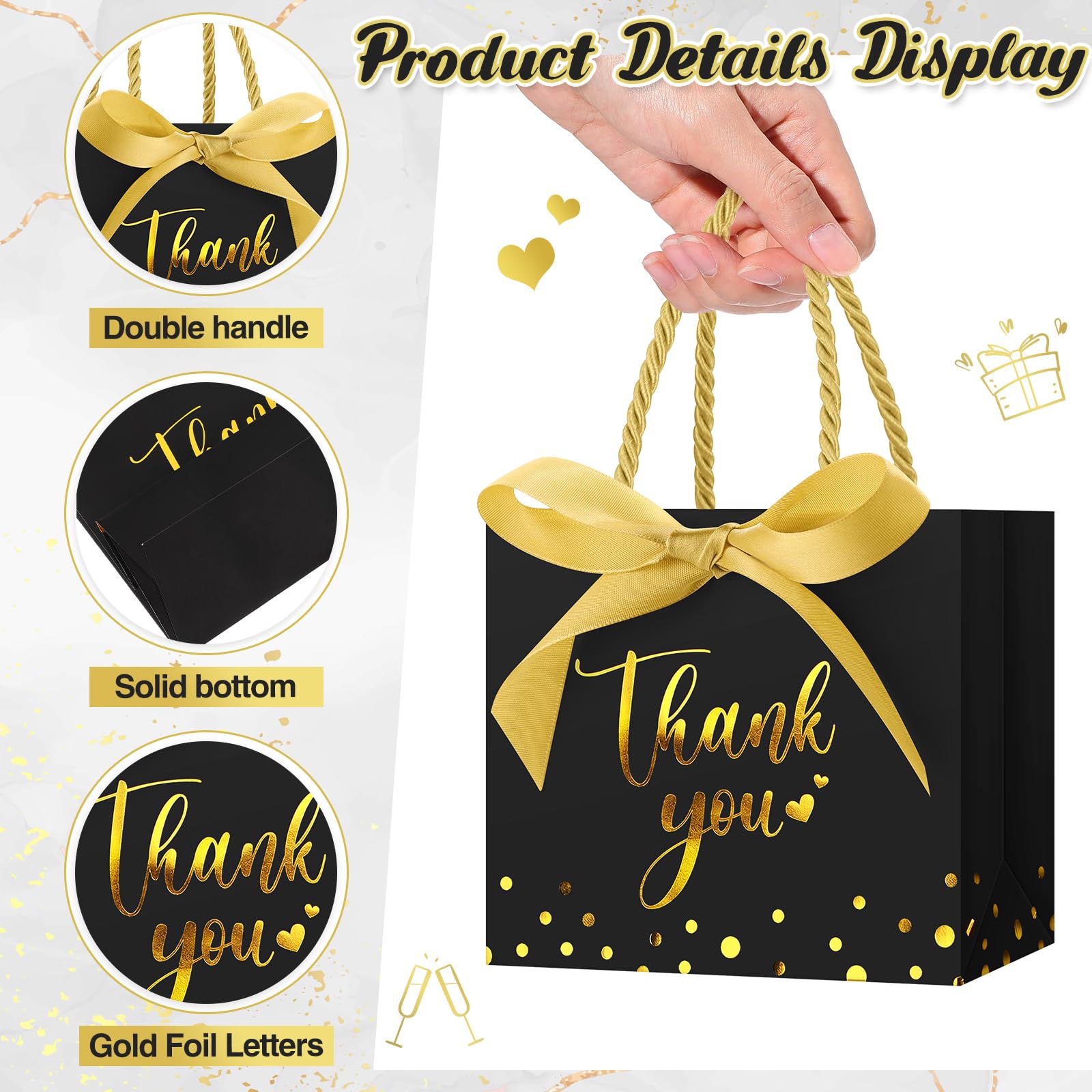 Jetec 45 Pcs Mini Paper Gift Bag Bulk 5.5x4.7x2.5'' Thank You Gift Bag with Handle Small Favor Bag with Bow Ribbon for Christmas Wedding Baby Bridal Shower Birthday Party(Black/gold)