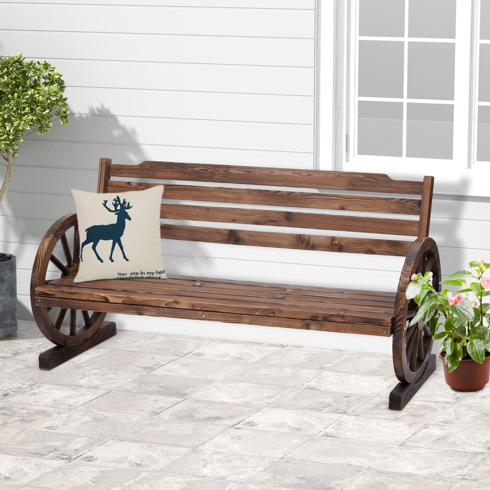 JSUN7 Wagon Wheel Bench Outdoor - 55 Inches Wooden Outdoor Garden Bench Seat with Backrest, Outdoor Bench Patio Furniture, Rustic Brown Bench for Porch Yard Lawn Patio