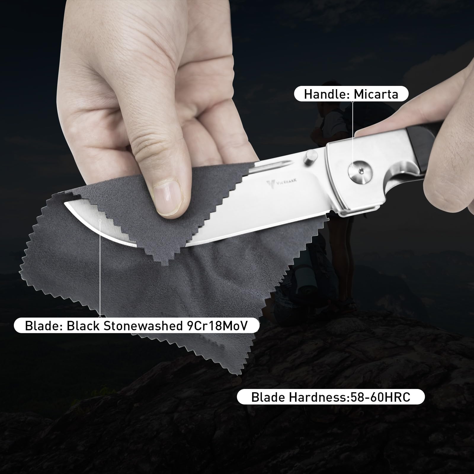 VicShark Pocket Knife, Hunting knives knives for men D2 Steel Blade Ebony Handle EDC Knife with Pocket Sharp Camping Survival Hiking Knives With Keychain