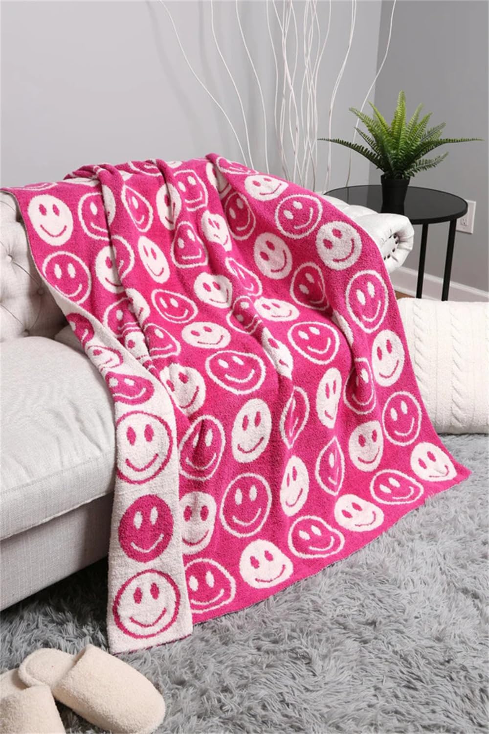 Happy Face Knitted Throw Blankets Reversible Soft Knit Blanket with Two-Toned Cute Pattern Bed Throws Fuzzy Kids Blanket Warm Cozy for Home Couch Sofa (Rosy)