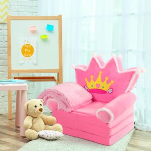 Burbell Toddler Couch 2 in 1 Soft Princess Kids Fold Out Couch with Flannel Blanket Comfy Sofa Bed Toddler Recliners Baby Sofa Bedroom Lounger for Kids 1-3(Pink)