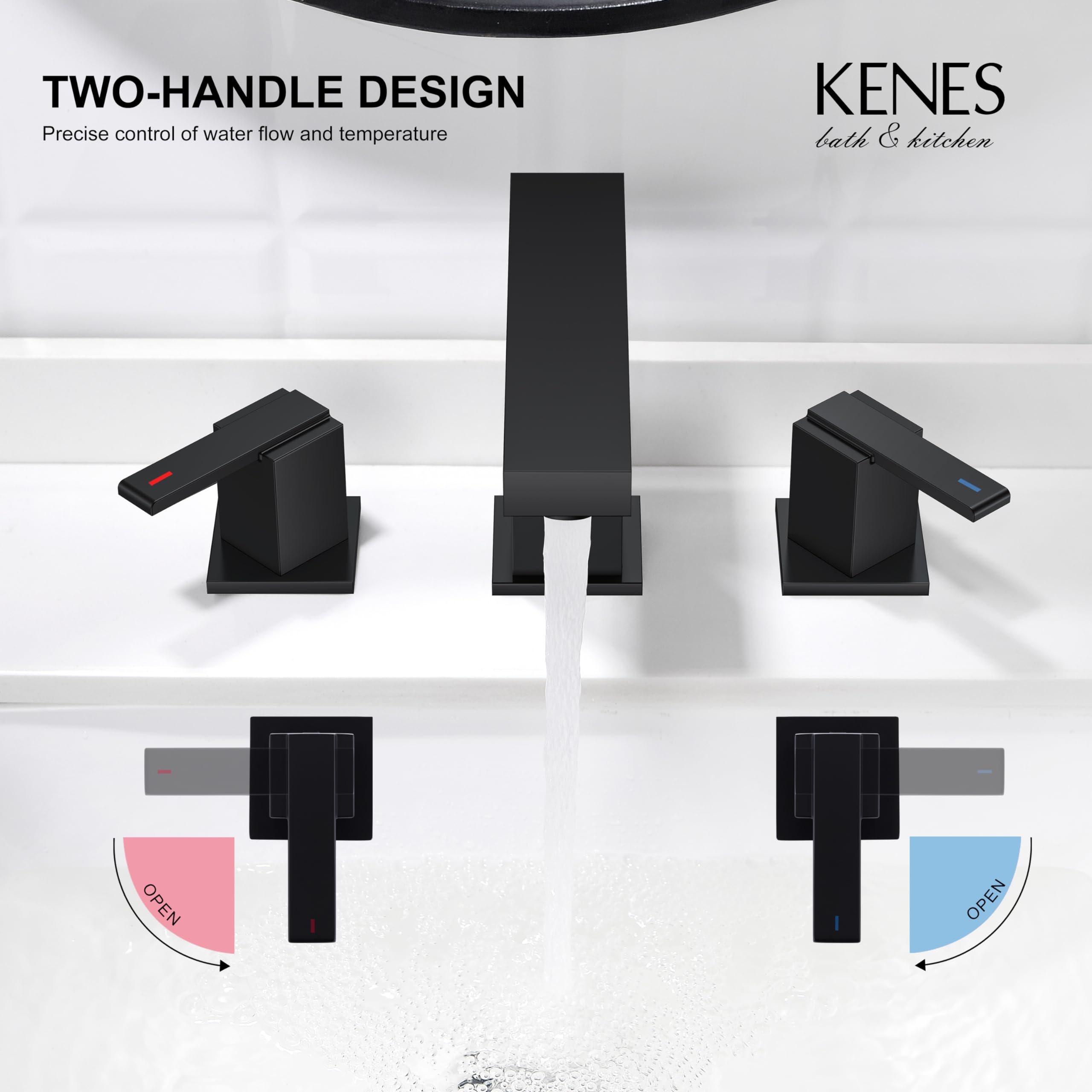 KENES Black Widespread Bathroom Faucet 3 Hole Bathroom Sink Faucet Matte Black Two Handle, 8-Inch 3 Pieces Bathroom Vanity Faucet with Pop Up Drain & Supply Lines, KE-9050-2-P