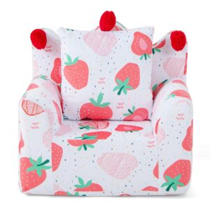 honey joy toddler couch, crown shaped kids chair w/bonus pillow, comfy kids playroom furniture w/velvet cover & extra soft foam, lightweight baby sofa, kids sofa for boys girls (pink strawberry)