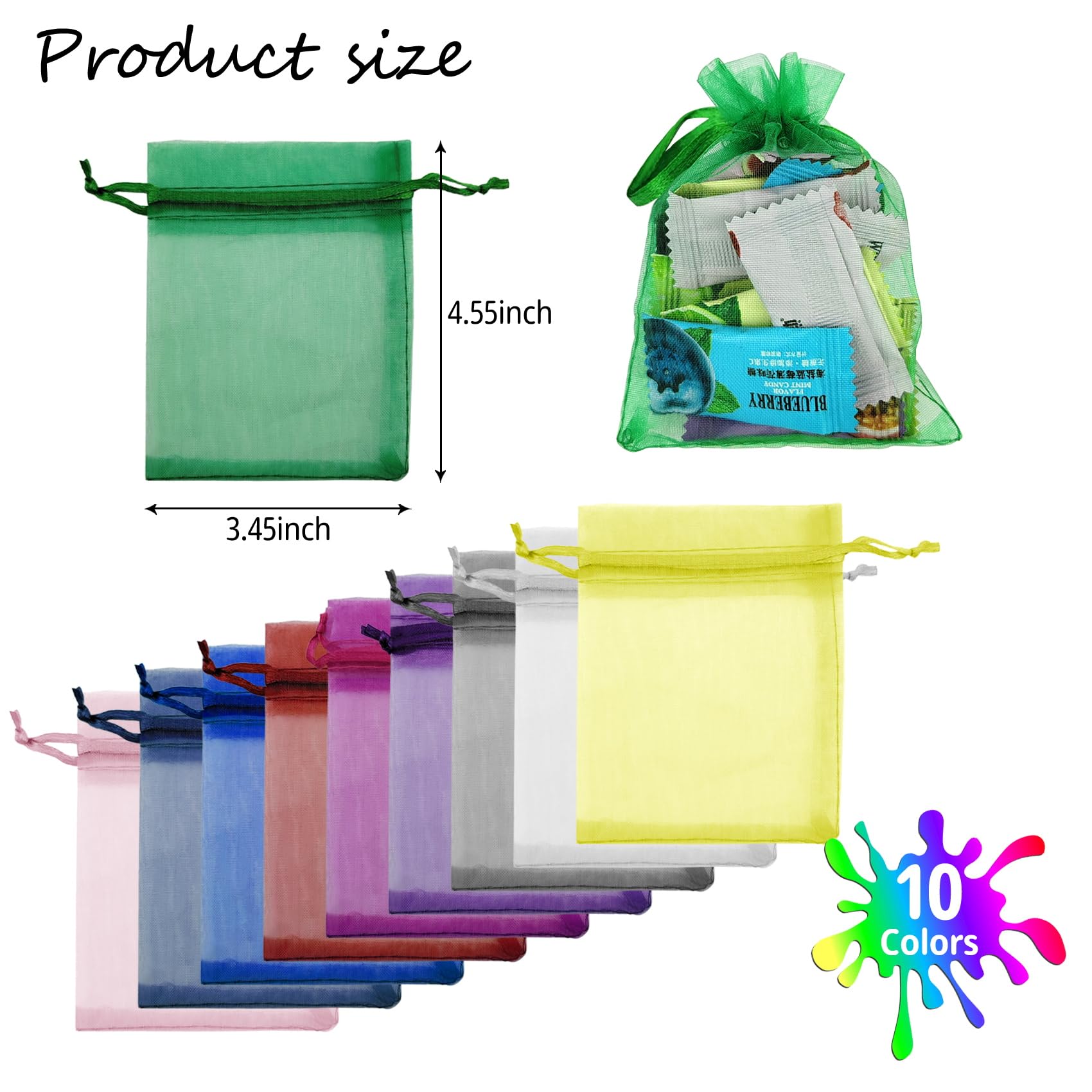 JUNSDUKE 10 Pcs Small Gift Bags, Mix Color Organza Bags 3x4 Inches, Mesh Drawstring Bag for Wedding, Party, Christmas, Jewelry, Candy (10)