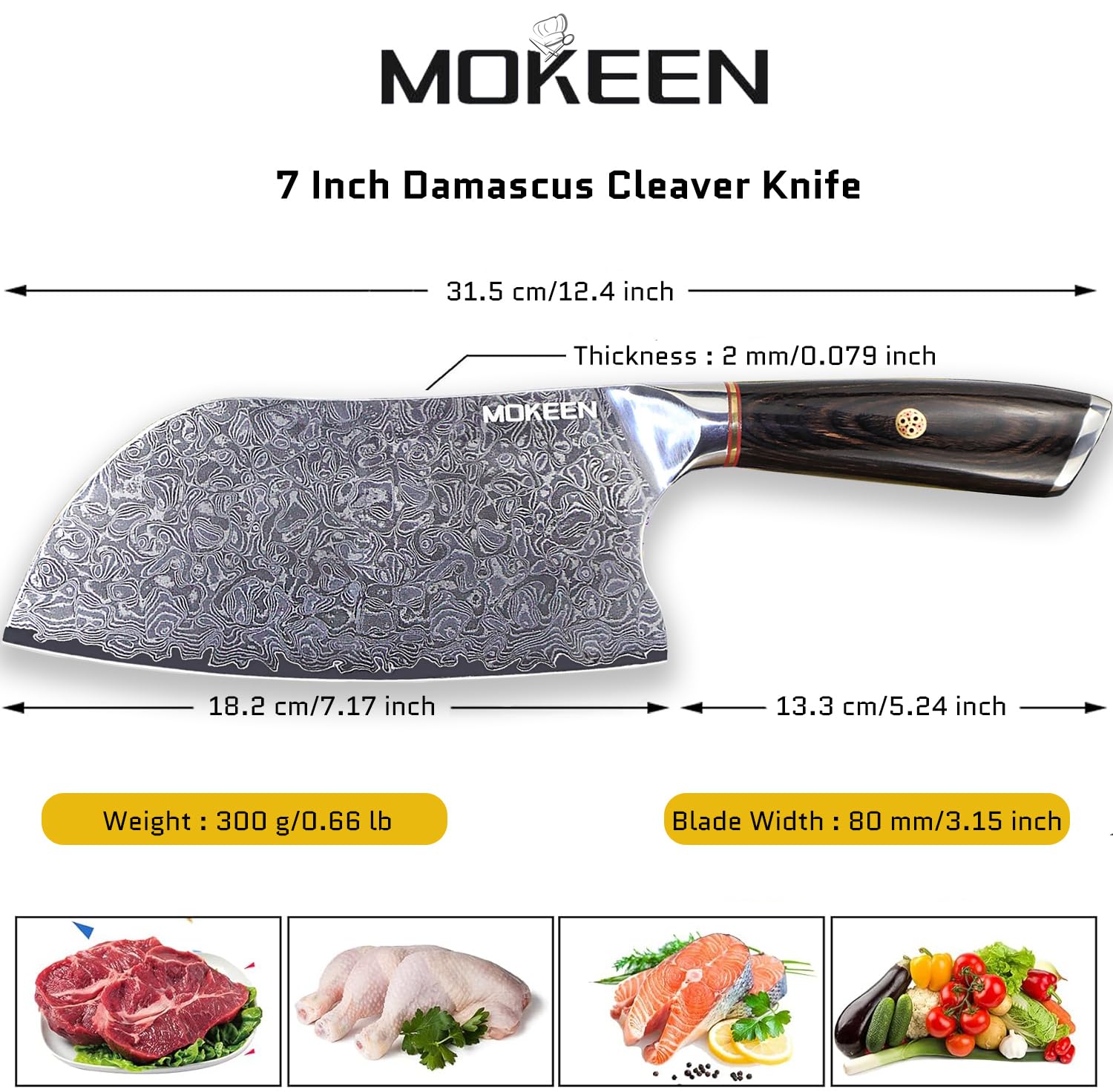 MOKEEN Cleaver Knife 7 Inch, 67 Layers VG10 Damascus Steel Kitchen Knife, Ultra Sharp Meat Cleaver, Professional Chef Knife with Unique Wood Handle, Full Tang, Gift Box