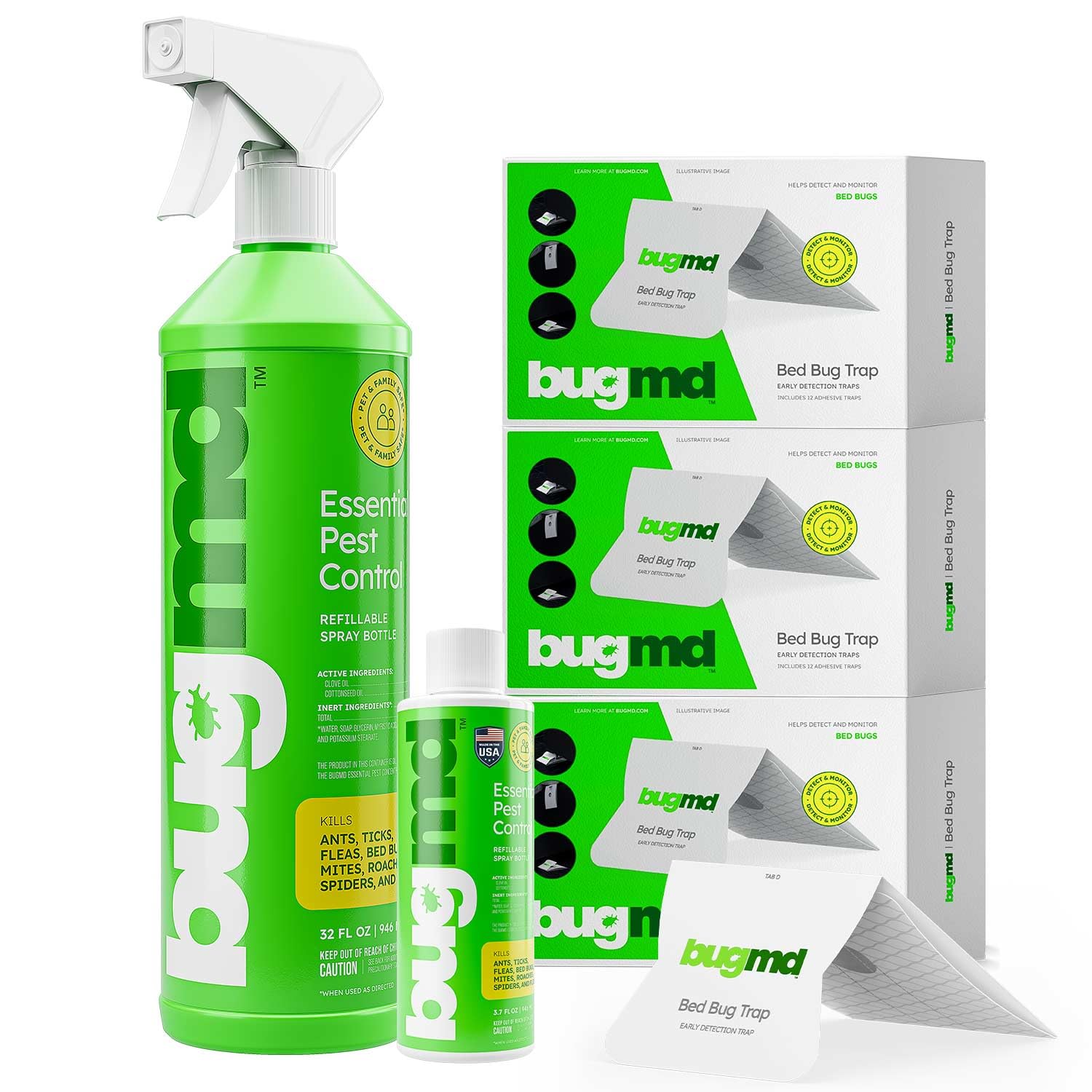 BugMD Bed Bug Trap (3 Pack), BugMD Essential Pest Control Concentrate (1 Pack) and Spray Bottle 32 oz (1 Pack) Bundle