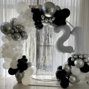 Black and Silver Balloons, 60pcs 12 Inches Black White Silver Confetti Balloons with 1 Ribbon for Birthday, Baby Shower, Wedding, and Silver Theme Party Decoration