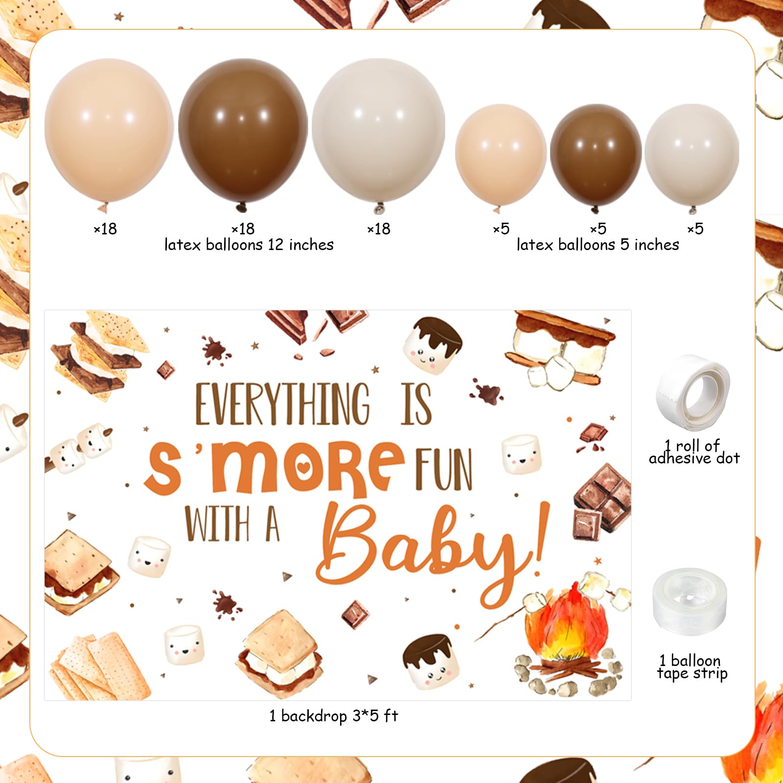 Sursurprise S’Mores Party Decorations, S’Mores Baby Shower Decor, S’More Baby Shower Backdrop Balloon Garland Arch Kit, Camping Campfire Camper Party Supplies