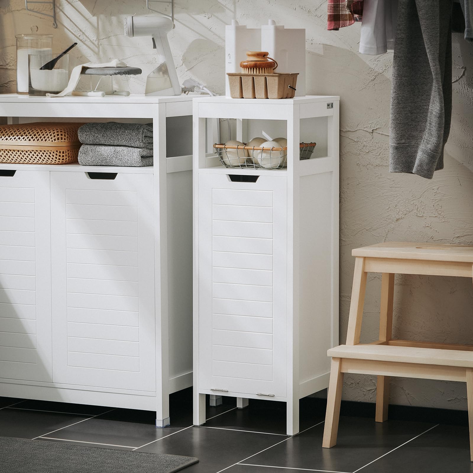 Haotian Bathroom Laundry Cabinet with Basket, Tilt-Out Laundry Hamper, Bathroom Storage Cabinet Unit with Open Shelf, White BZR122-W