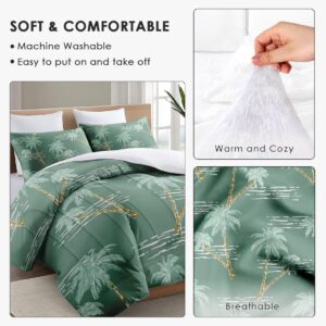 Pinbeam Comforter Set Queen Size, Palm Tree Ocean Retro Soft Bedding Set for Kids and Adults Bedroom Bed Decor, Green Mint Plant Comforter Set with 2 Pillowcases