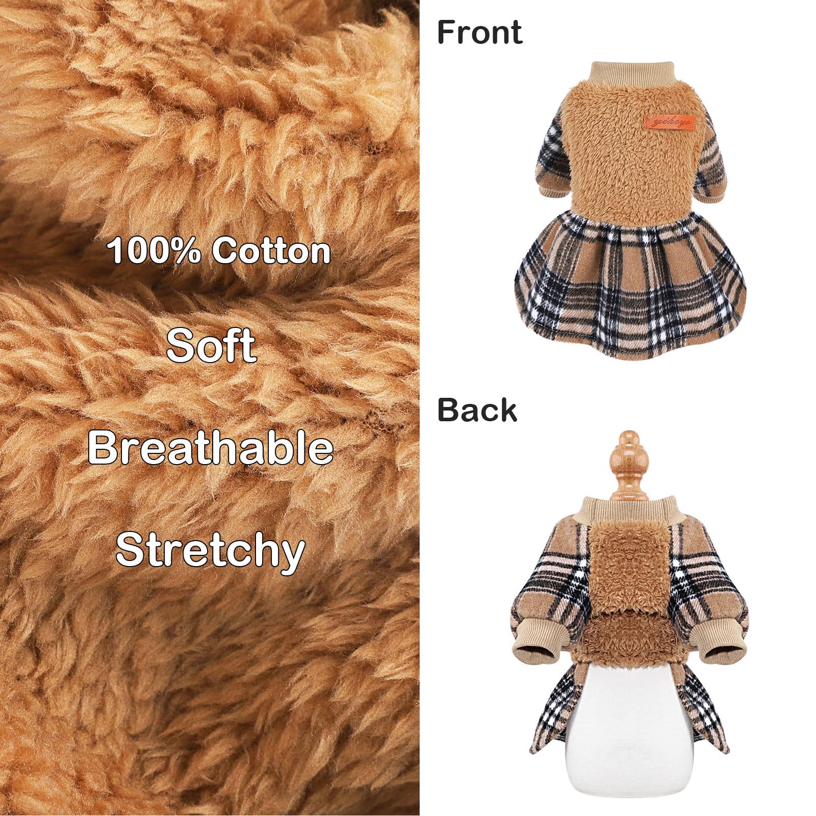 Kosiyi Dog Clothes for Small Dogs Girl Winter Dog Sweater Dress, Warm Fleece Princess Plaid Dog Sweater for Small Dogs Girl Boy, Shih Tzu Pet Festival Outfits Apparel, M, Khaki