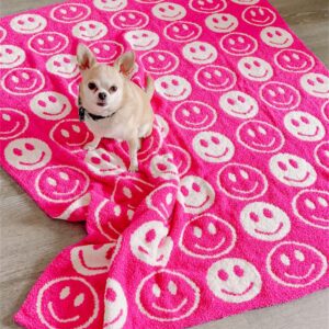 Happy Face Knitted Throw Blankets Reversible Soft Knit Blanket with Two-Toned Cute Pattern Bed Throws Fuzzy Kids Blanket Warm Cozy for Home Couch Sofa (Rosy)