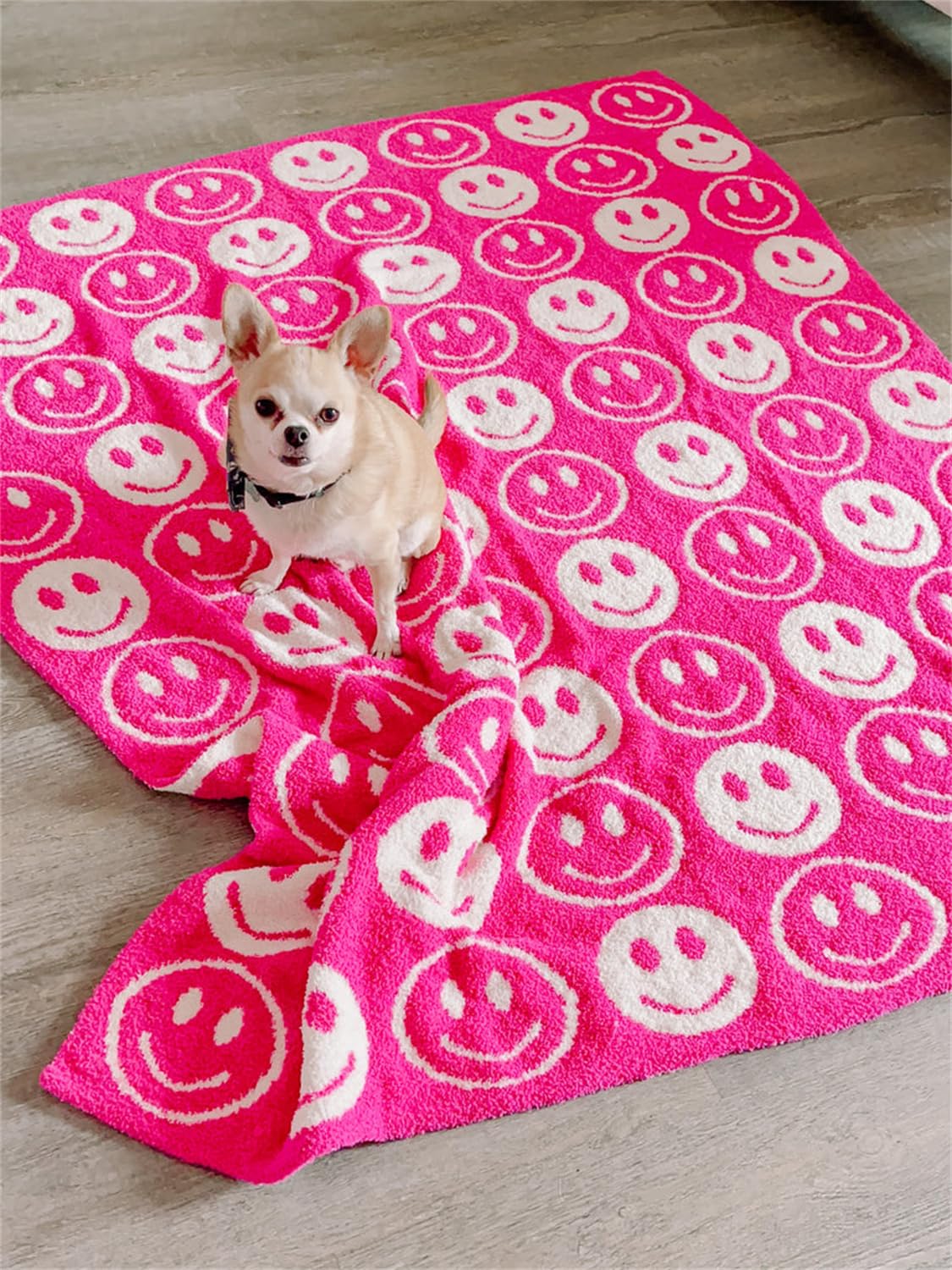 Happy Face Knitted Throw Blankets Reversible Soft Knit Blanket with Two-Toned Cute Pattern Bed Throws Fuzzy Kids Blanket Warm Cozy for Home Couch Sofa (Rosy)