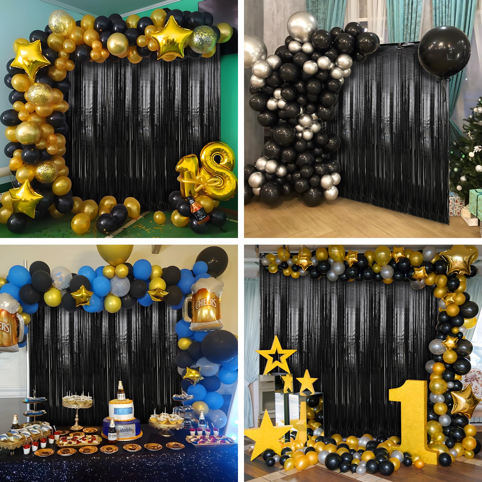 2 Pack Black Foil Fringe Curtains Streamers Party Decorations 3.3 x 8.2 ft, Black Tinsel Curtain Fringe Backdrop for Parties, Door Fringe Birthday Streamers, Photo Booth Backdrops, Party Décor