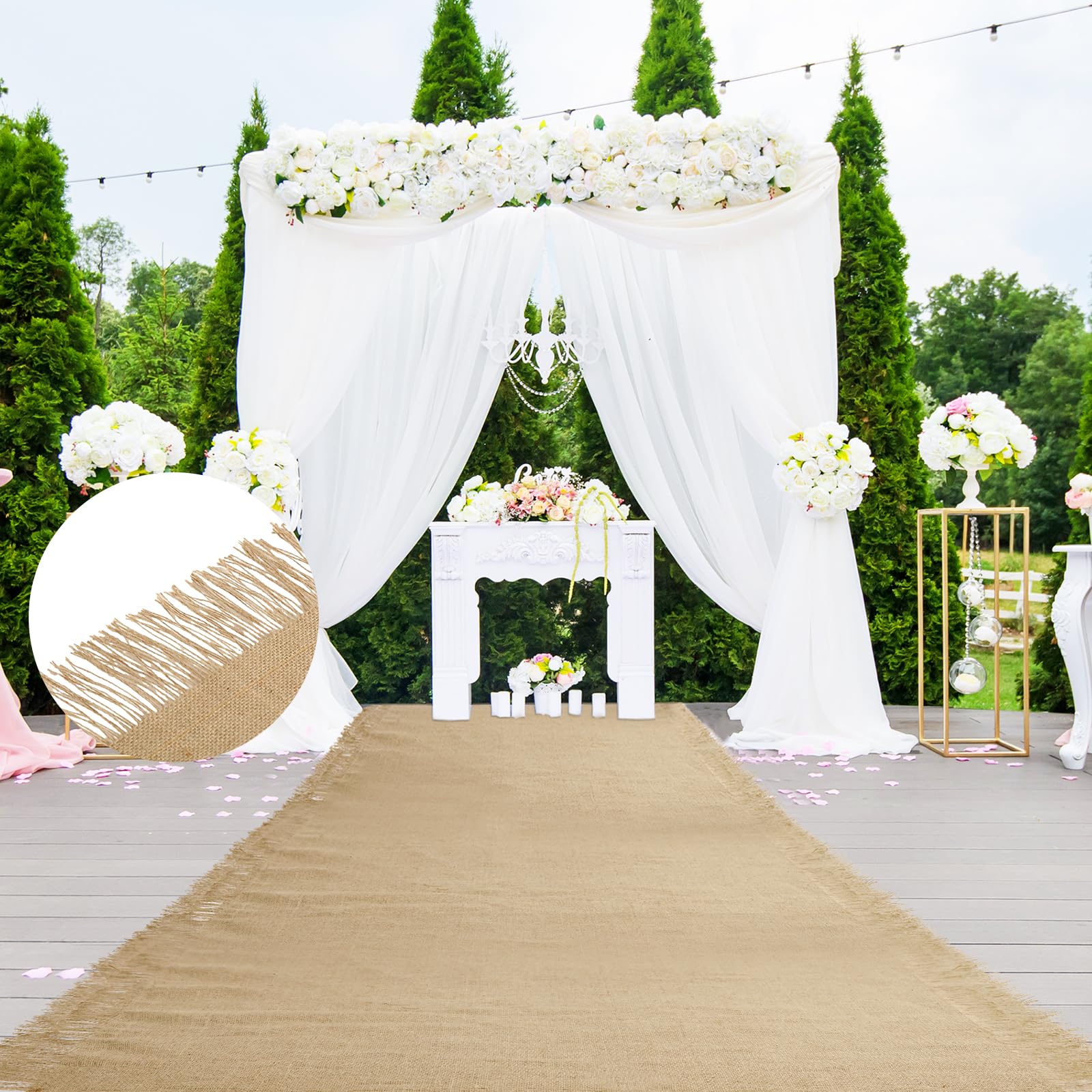 VitalCozy 1 Piece 40 Inch x 50 Feet Wedding Aisle Runners Jute Rustic Burlap Aisle Runner with Fringed Edge Ceremony Runway Carpet Roll for Indoor Outdoor Floor Outside Wedding Party Bridal Shower