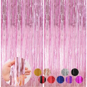 2 pack pink foil fringe curtains streamers party decorations 3.3 x 8.2 ft, pink tinsel curtain fringe backdrop for parties, door fringe birthday streamers, barbie backdrop birthday party decorations