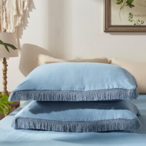 SunStyle Home Blue Grey Duvet Cover Queen Size,3pcs Washed Microfiber Bedding Set,Soft Breathable Tassel Duvet Cover Set with Zipper Closure and Corner Ties for All Seasons (No Comforter)