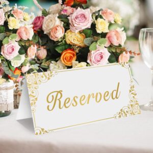 18 Pack Gold Reserved Table Signs for Wedding Party Restaurant - Double Sided Gold Reserved Signs for Tables Chairs - White Paper Reserved Table Tent Card - Wedding Accessories- Place Cards for Event