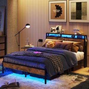 bestier queen size bed frame with headboard and storage, dual led platform bed frame with charging station, non-slip metal bed frame, noise-free, easy assembly