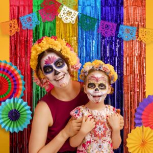 Mega-L Fiesta Party Decorations Foil Fringe Curtains,2 Pack Mexican 3.3x6.6ft Tinsel Streamers for Dia De Los Muertos Day of The Dead Decorations Backdrop,Cinco de Mayo Taco Party Photo Booth Props