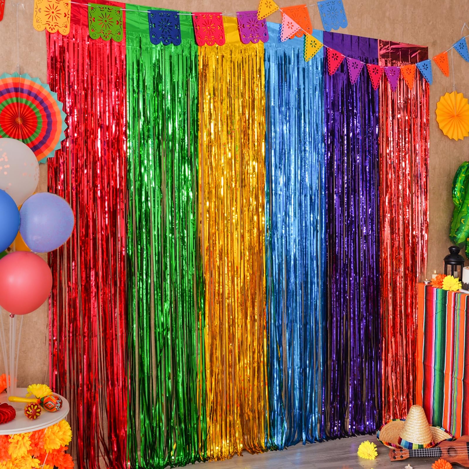 Mega-L Fiesta Party Decorations Foil Fringe Curtains,2 Pack Mexican 3.3x6.6ft Tinsel Streamers for Dia De Los Muertos Day of The Dead Decorations Backdrop,Cinco de Mayo Taco Party Photo Booth Props