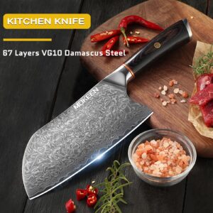 MOKEEN Cleaver Knife 7 Inch, 67 Layers VG10 Damascus Steel Kitchen Knife, Ultra Sharp Meat Cleaver, Professional Chef Knife with Unique Wood Handle, Full Tang, Gift Box