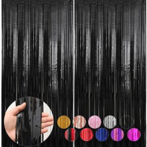 2 pack black foil fringe curtains streamers party decorations 3.3 x 8.2 ft, black tinsel curtain fringe backdrop for parties, door fringe birthday streamers, photo booth backdrops, party décor