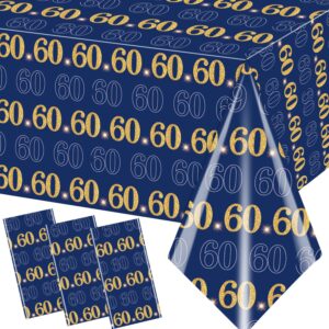 lenyunge 60th birthday tablecloth decoration,3pcs gold and blue birthday table covers plastic waterproof happy birthday party supplies for men women 60th birthday party supplies