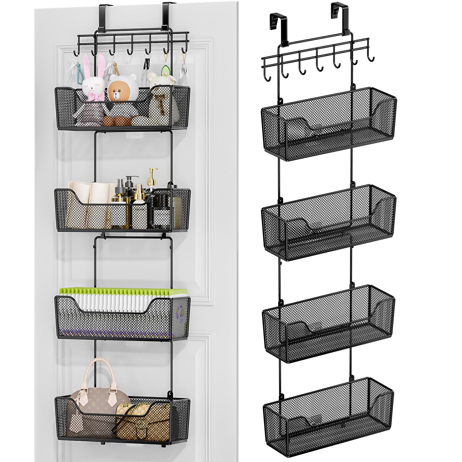 HapiRm Over The Door Organizer - Hanging Door Organizer with 4 Metal Large Capacity Baskets and Adjustable Coat Hook, Behind Door Storage for Bathroom Bedroom Kitchen Pantry Closet Cabinet