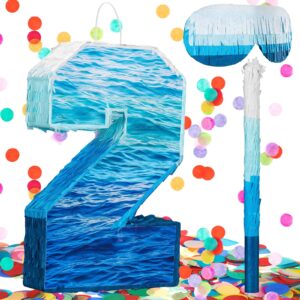 motionchic number 2 piñata large gradient blue piñata with stick blindfold and colorful confetti party piñata 2nd birthday party supplies for boys girls kids themed anniversary celebration decoration