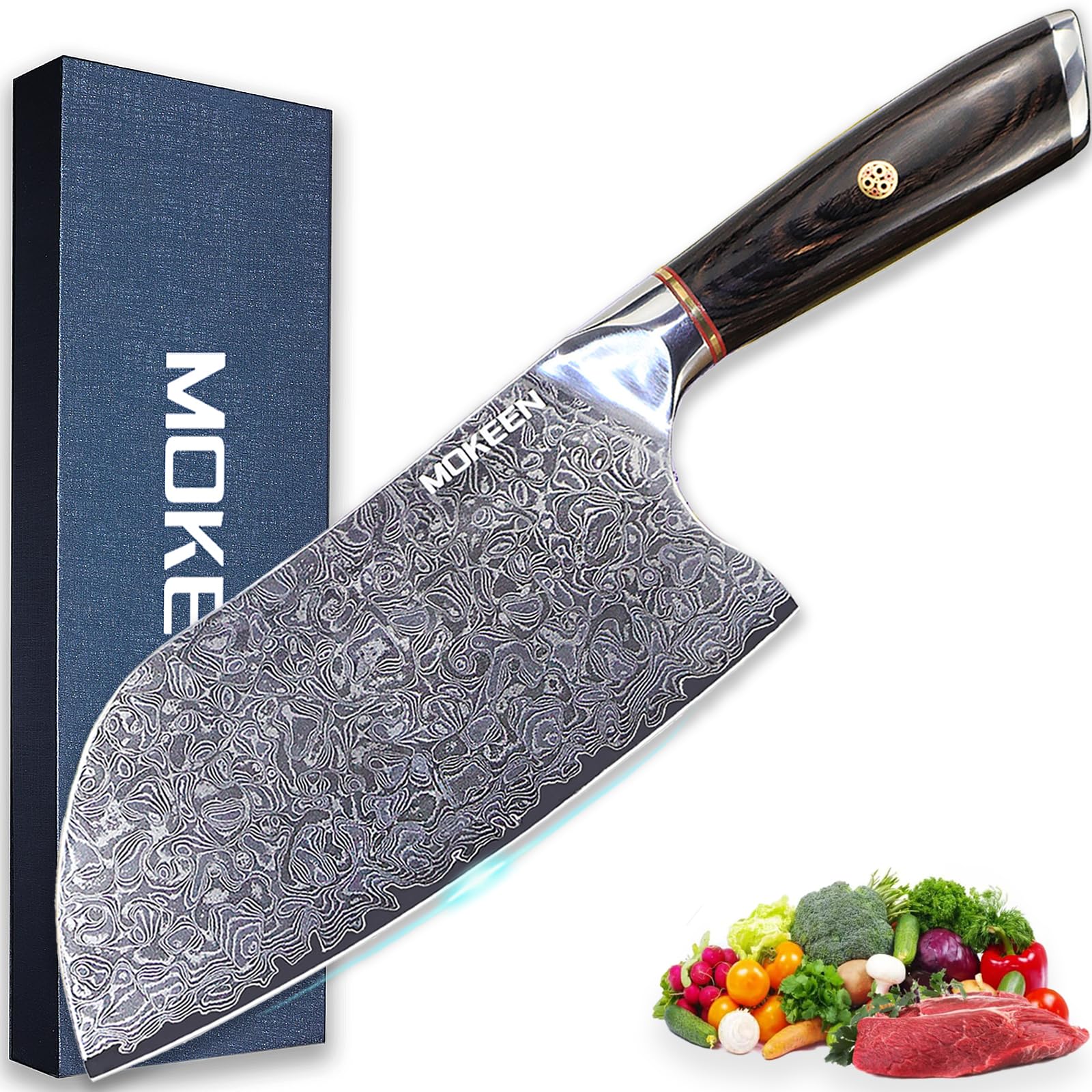 MOKEEN Cleaver Knife 7 Inch, 67 Layers VG10 Damascus Steel Kitchen Knife, Ultra Sharp Meat Cleaver, Professional Chef Knife with Unique Wood Handle, Full Tang, Gift Box