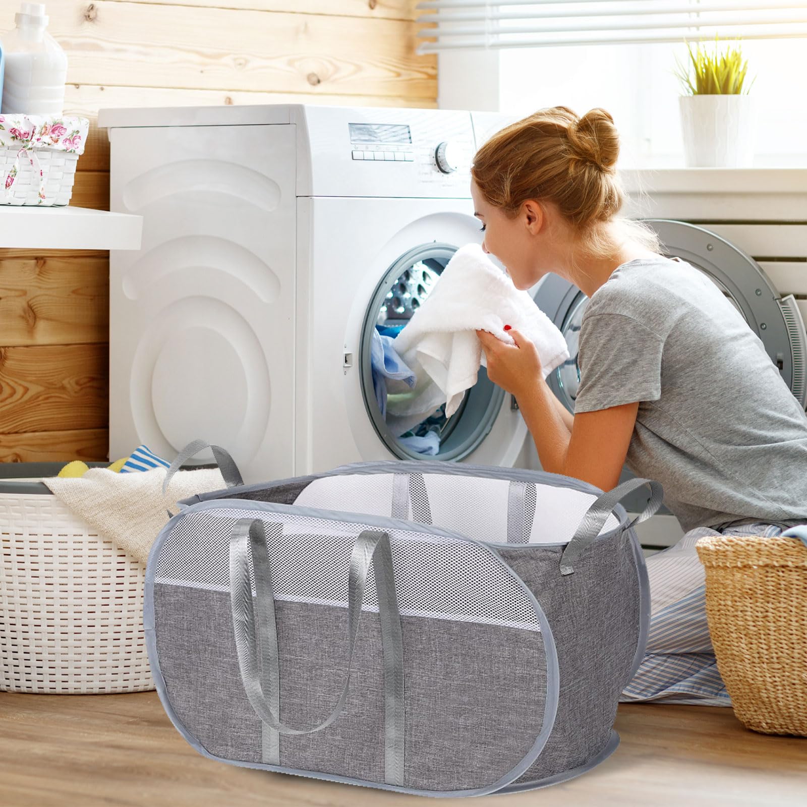 2PCS Collapsible Laundry Baskets, Tear Proof Pop Up Laundry Hamper with Handles, Foldable 65L Large Capacity Dirty Cloths Basket, Lightweight Mesh Clothes Hamper for Home, Laundry Room, Dorm, Travel