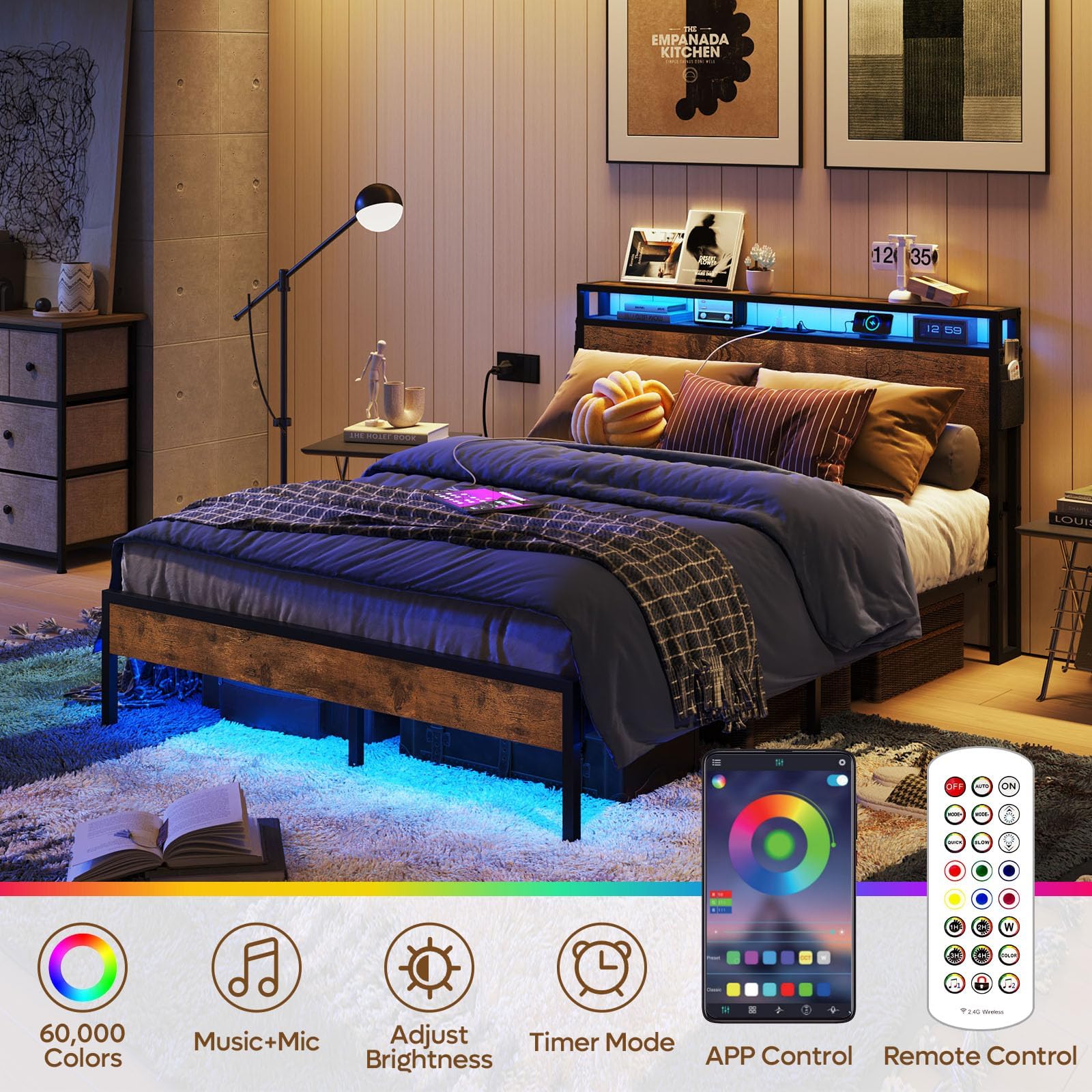 Bestier Queen Size Bed Frame with Headboard and Storage, Dual LED Platform Bed Frame with Charging Station, Non-Slip Metal Bed Frame, Noise-Free, Easy Assembly