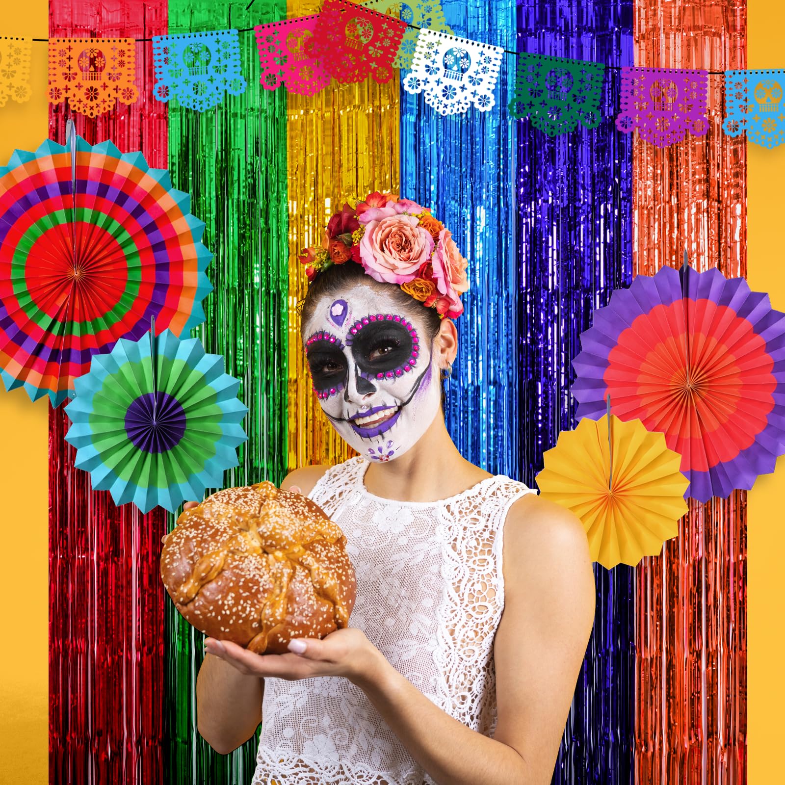 Mega-L Fiesta Party Decorations Foil Fringe Curtains,2 Pack Mexican 3.3x6.6ft Tinsel Streamers for Dia De Los Muertos Day of The Dead Decorations Backdrop,Cinco de Mayo Taco Party Photo Booth Props