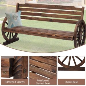 JSUN7 Wagon Wheel Bench Outdoor - 55 Inches Wooden Outdoor Garden Bench Seat with Backrest, Outdoor Bench Patio Furniture, Rustic Brown Bench for Porch Yard Lawn Patio