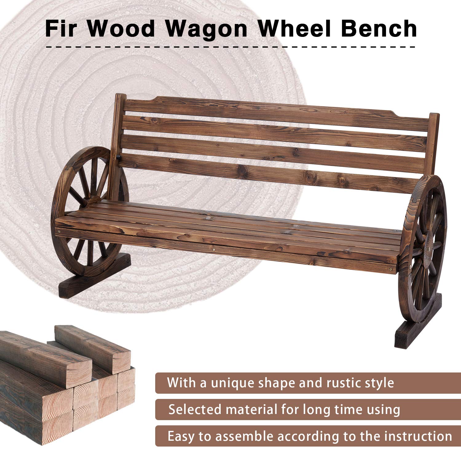 JSUN7 Wagon Wheel Bench Outdoor - 55 Inches Wooden Outdoor Garden Bench Seat with Backrest, Outdoor Bench Patio Furniture, Rustic Brown Bench for Porch Yard Lawn Patio