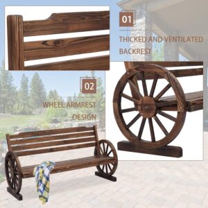 JSUN7 Wagon Wheel Bench Outdoor - 55 Inches Wooden Outdoor Garden Bench Seat with Backrest, Outdoor Bench Patio Furniture, Rustic Brown Bench for Porch Yard Lawn Patio