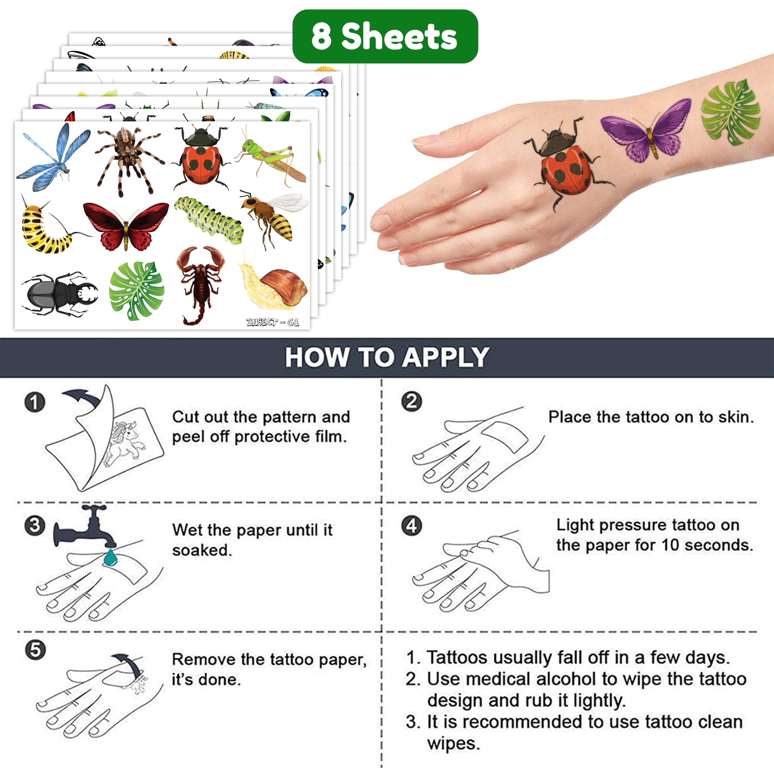 Bug Temporary Tattoos Insect Party Favors 96 PCS Bees, Spiders, Beetles, Caterpillar, Ladybug Themed Stickers for Kids Birthday Party Supplies, Decorations, Favors, and Prizes - Cute Gifts for Boys